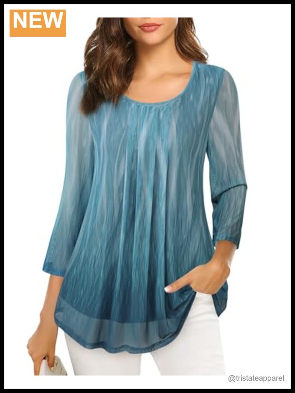 Women's 3/4 Sleeve Tunic Blouse Floral Mesh Pleated Loose Fit